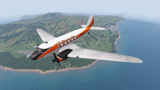 A white and red DC-3 aircraft flying over the island of Tanoa.