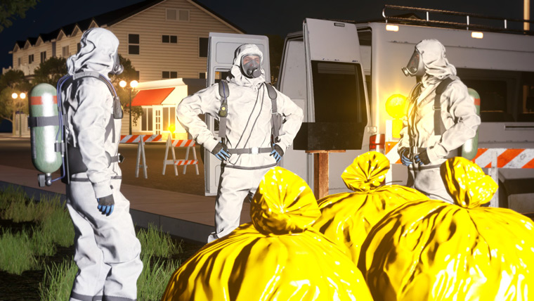 Three men in hazmat suits stand near hazardous material bags.